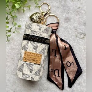 New White Geometric Print Mini Bag Purse Charm Keychain w/ Scarf & Vintage Heart